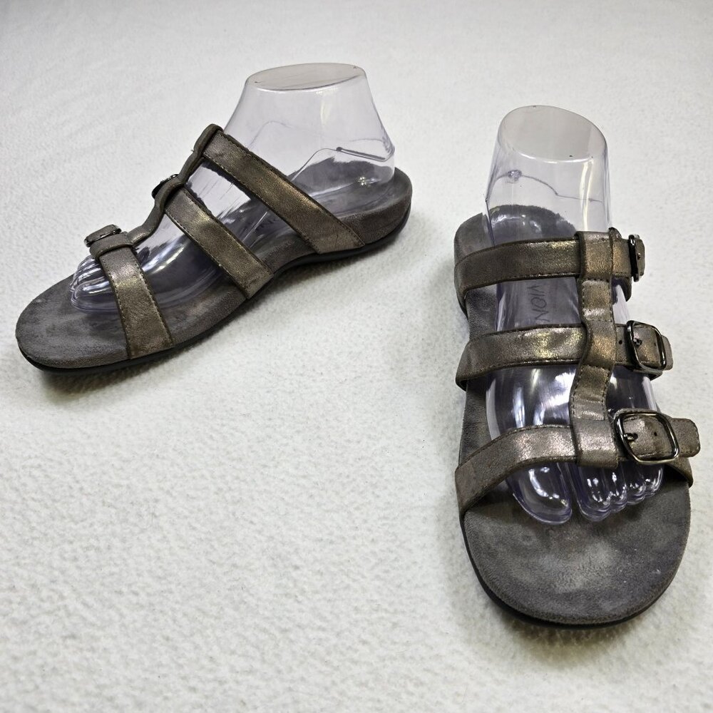Vionic Metallic Gray Three-Strap Sandals Buckles Size 8